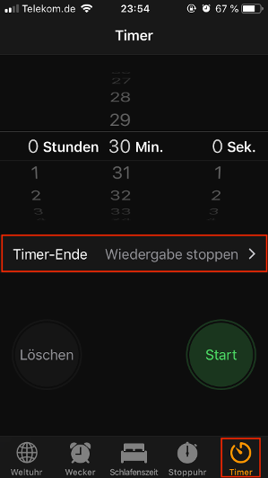 iOS Uhr Bereich Timer