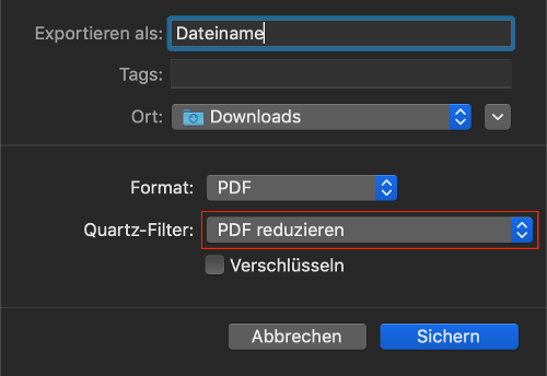 Export-Einstellungen für das Reduzieren der Dateigröße