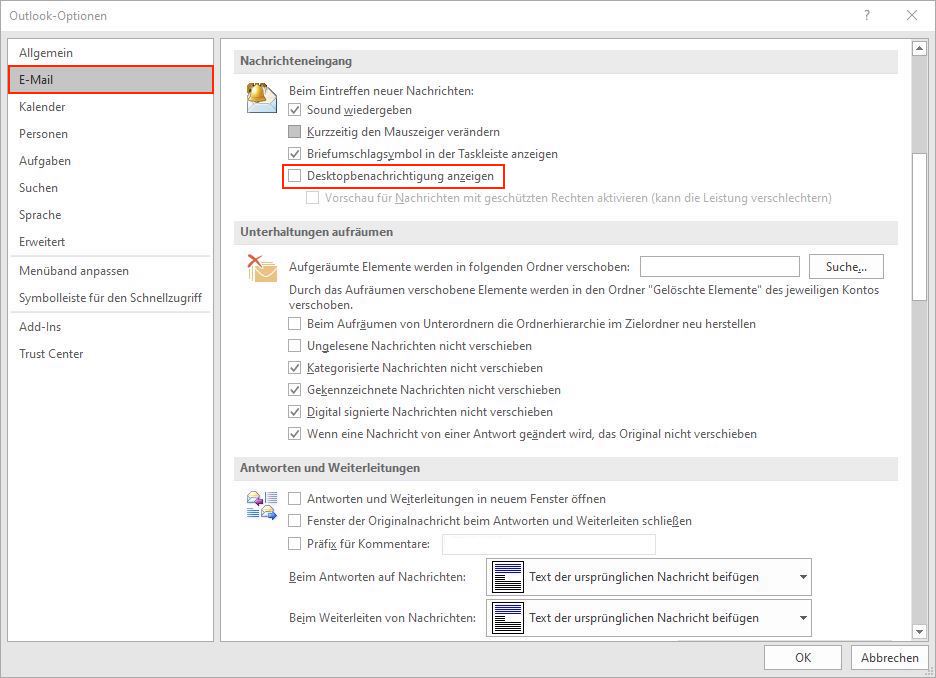 Outlook-Optionen für E-Mail Nachrichteneingang