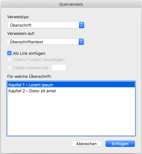 Querverweis-Dialog unter macOS