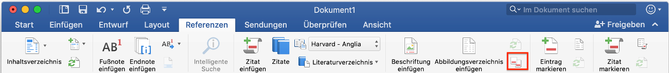 Menü Referenzen bei Word unter macOS