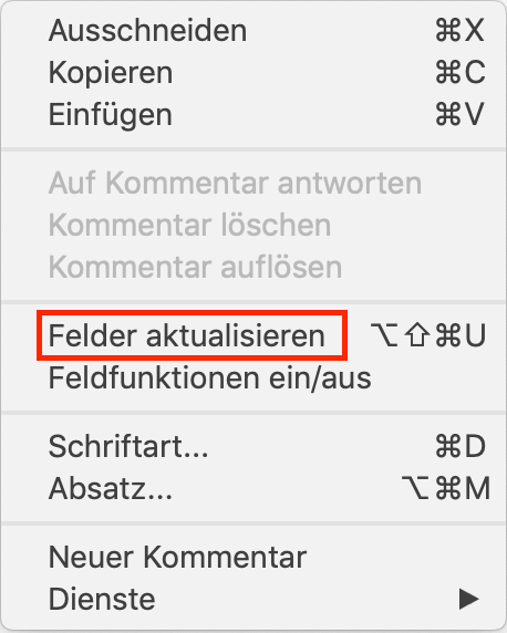 Rechtsklick auf den markierten Text zeigt diesen Dialog bei macOS